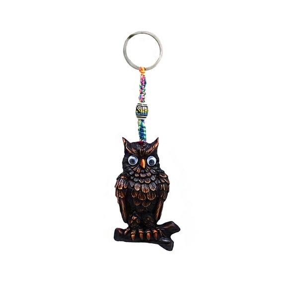 Brown Owl Bird Wildlife Animal 3D Figurine Keychain Multicolored Macramé Metal Ring - Handmade Gifts Boho Car Keys Bag Accessories