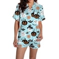 thumbnail image 2 of JIANLAI Women Halloween Pajama Set All‑Over Print Notched Lapel Button‑Down Short‑Sleeve Top & Elastic Waist Shorts 2‑Piece Silky Sleep Loungewear S‑XXL, 2 of 5