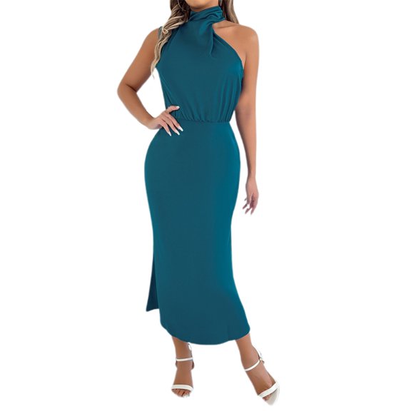OSOLU Solid Color Women Casual Sleeveless Dress High Neck Off Shoulder Elegant Party Daily Wear Spring Fall Versatile Dresses Cozy Sundress Wedding Guest Dress