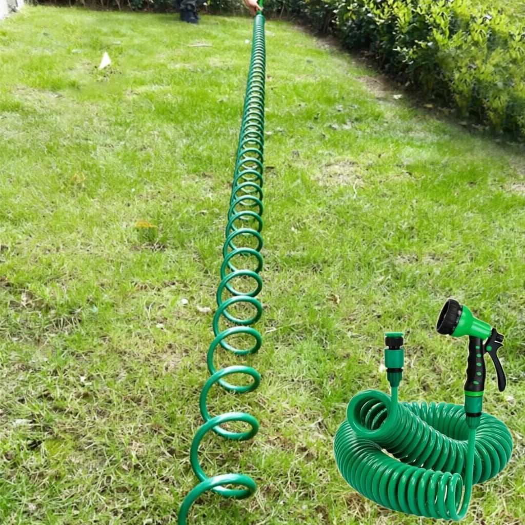 Retractable Garden Hose 50 FT, EVA Flexible Curly Water Pipes with 7-Pattern Spray Nozzle for Boat, Greenhouse, Yard, Patio, Green
