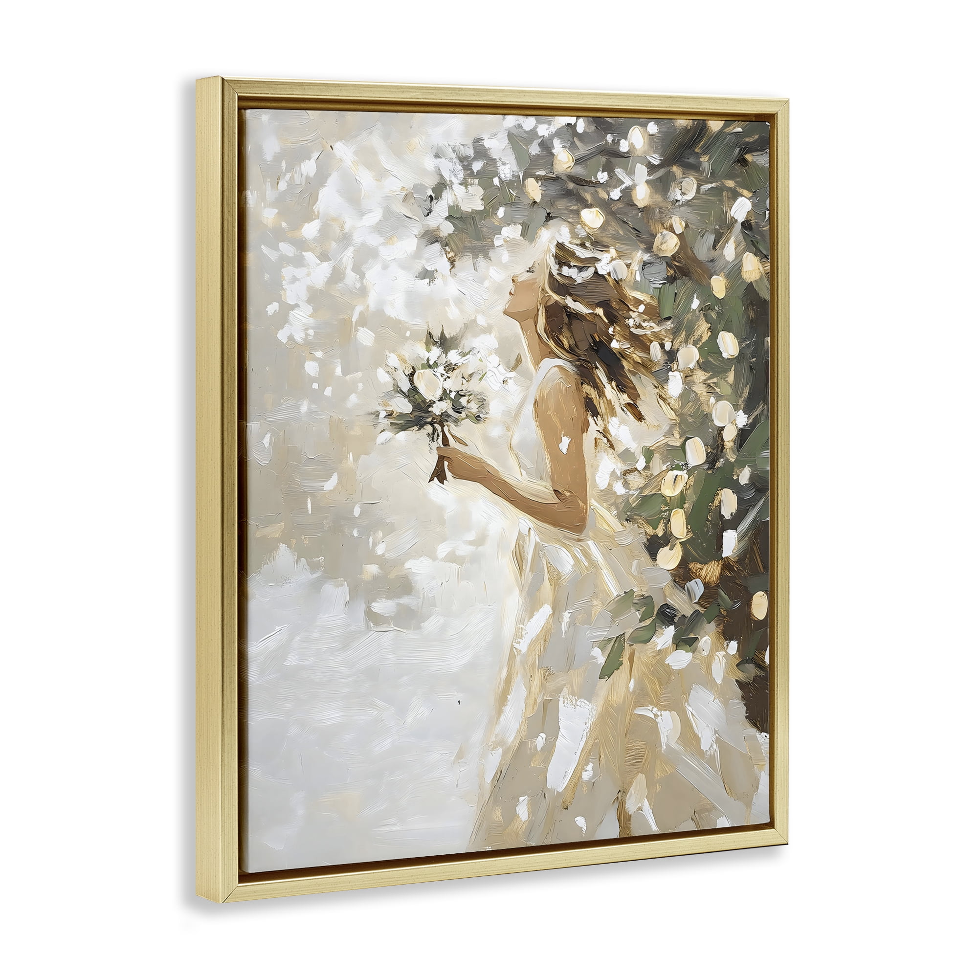 Soft White Snow Flurry Gold Framed Floater Canvas Wall Art, design by LSR Design Studio