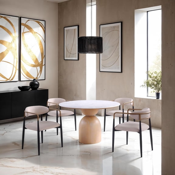 Contemporary Style 5pc Dining Table SetDrum Base Table Curved Arms Gold Accent On Chairs White Black And Natural Finish Dining Room Furniture