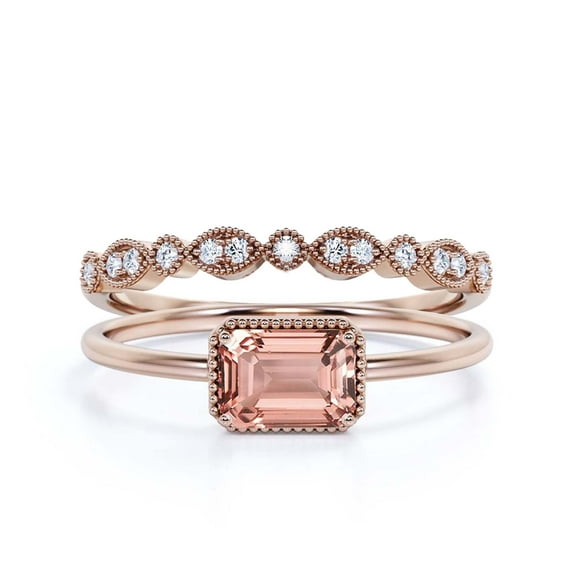 Minimalist 1.50 Carat Emerald Cut Morganite And Diamond Moissanite Engagement Ring, Wedding Ring in 925 Sterling Silver With 18k Rose Gold Plating, Promise Ring, Anniversary Ring, Bridal Rings Set