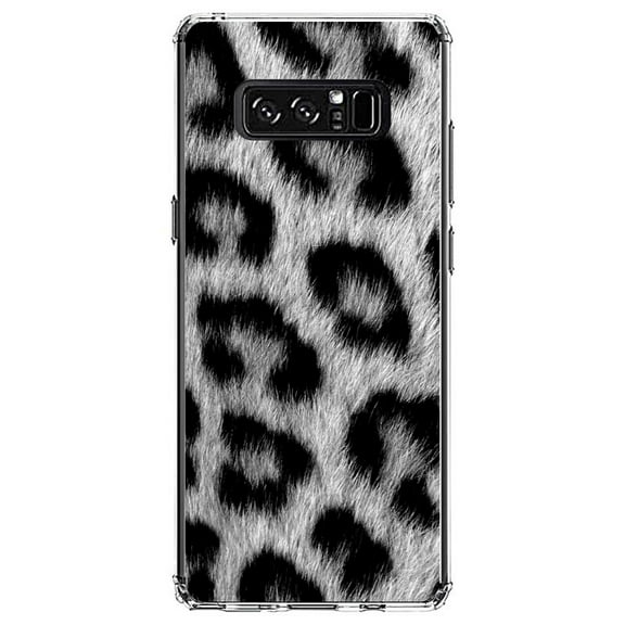 DistinctInk Clear Shockproof Hybrid Case for Samsung Galaxy Note 8 - TPU Bumper, Acrylic Back, Tempered Glass Screen Protector - Black White Snow Leopard Fur Print