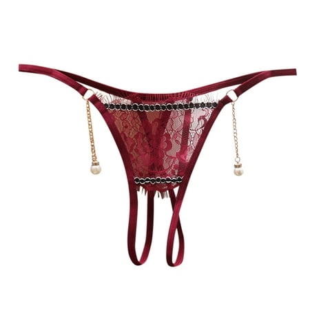 BYHONG Japanese Sexy Transparent Lace Underwear for Women with Low Waist Hot Opening Sexy Pearl Pendant T Shaped Pants Panties for Women Wine One Size