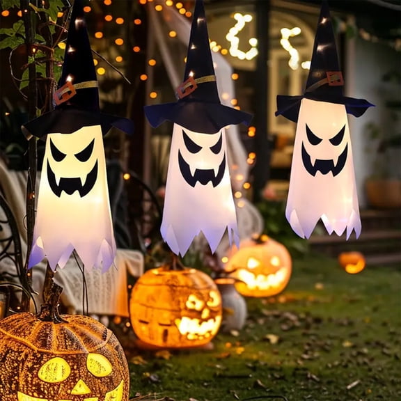 Halloween Hat Hanging Lights Black/white | 3pcs Ghost Outdoor Decor Hanging Lighted for Halloween Party Lights String for Yard Tree Garden | Size - 80 Cm 31.5 Inch with GOLDENROW