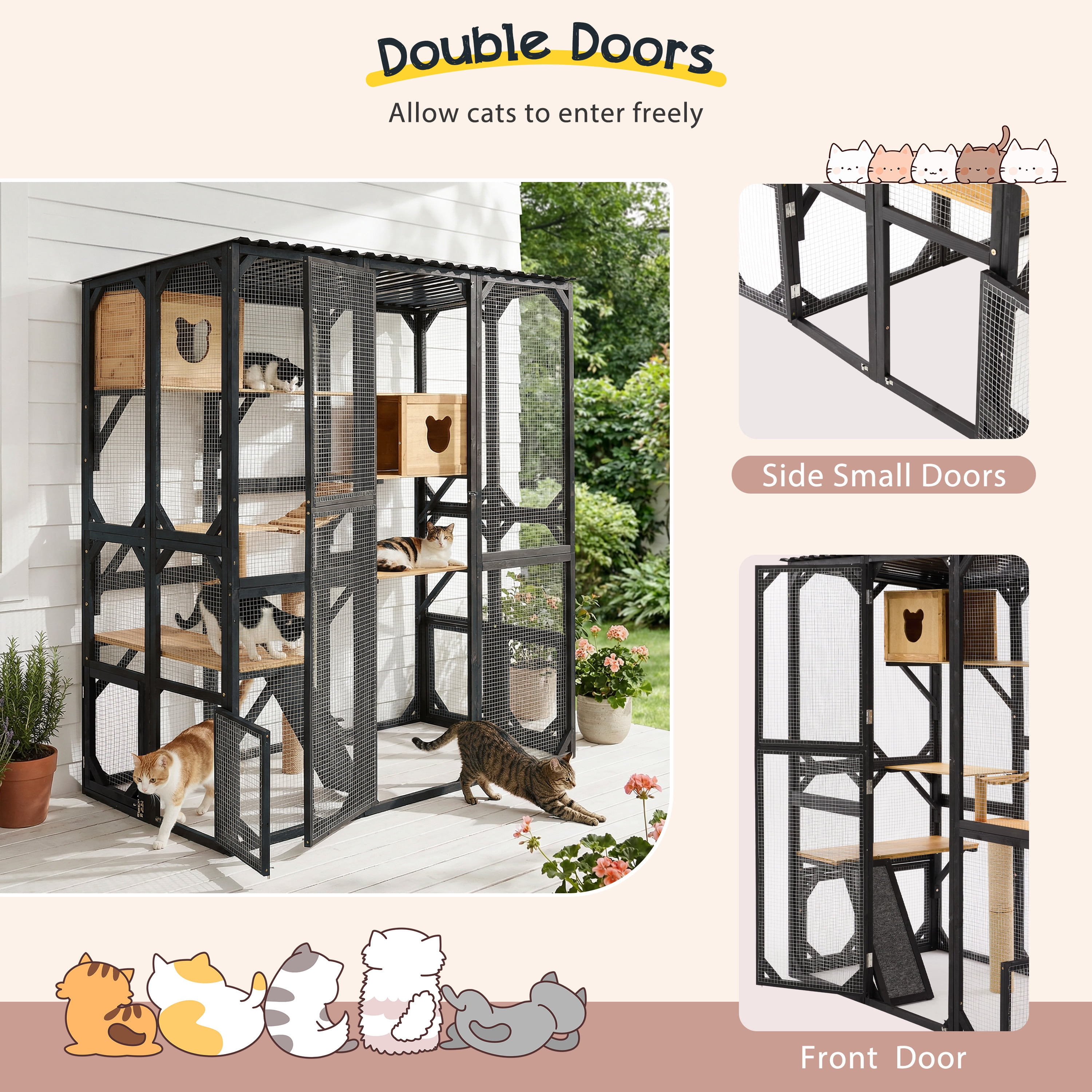 Outdoor Cat Enclosure Fir Wood Catio Outdoor Cat House Patio Cat Playpen with Sleeping Houses, Jumping Platforms, Scratching Post and Secure Doors for Cats, Black+Natural