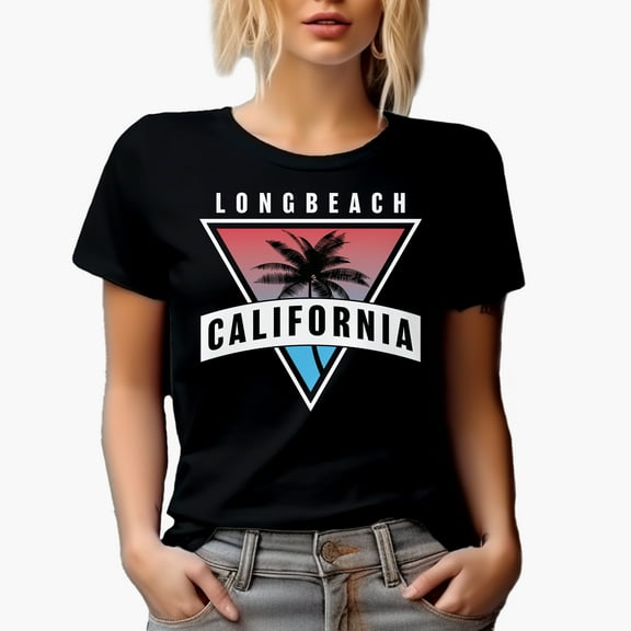Long Beach California with a Palm Tree, Black T-Shirt, Small