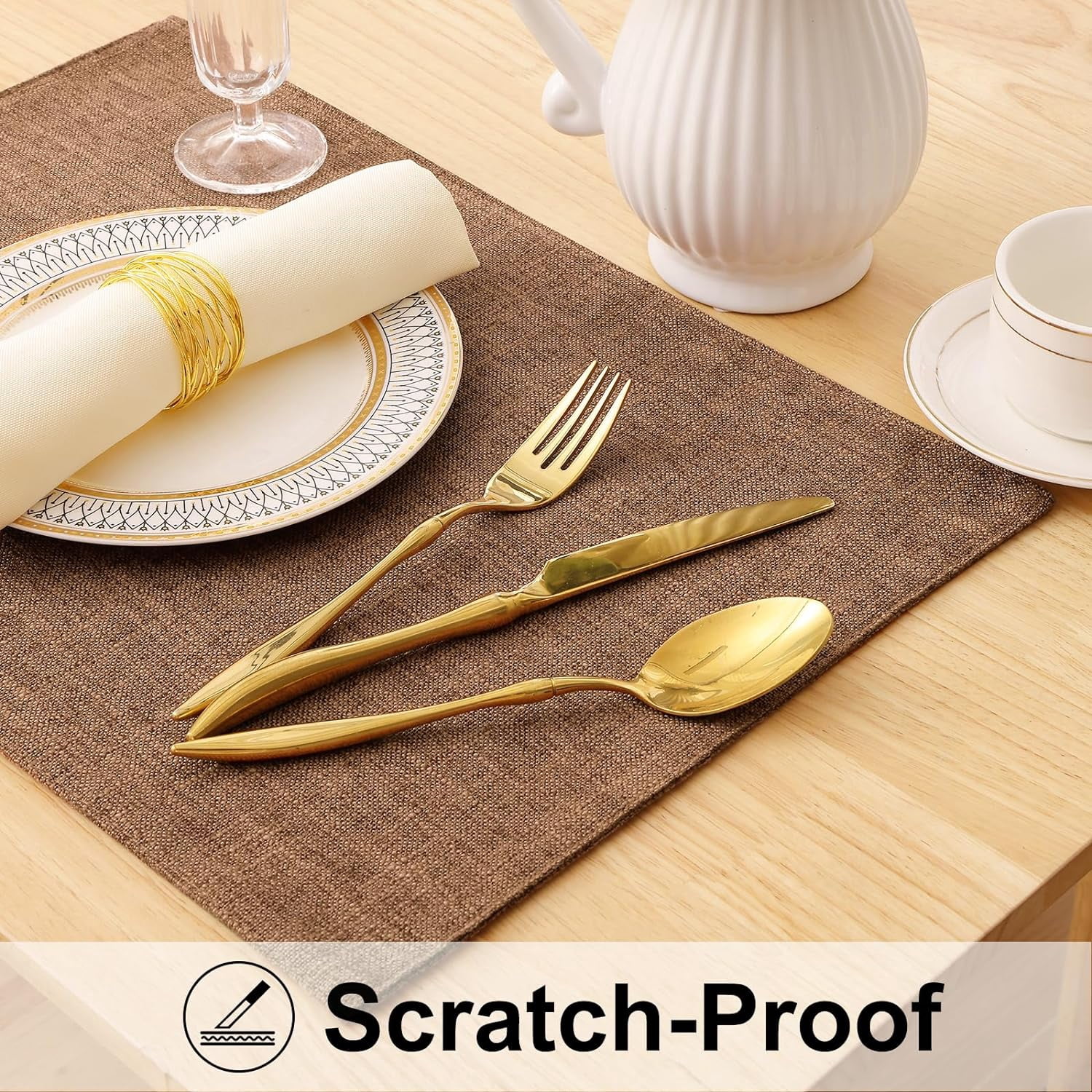 Brown Cloth Placemats Set of 6 Cotton Linen Blend Washable Farmhouse Dining Table Mats for Indoors & Outdoors, Easy to Clean, 13 x 19 Inch