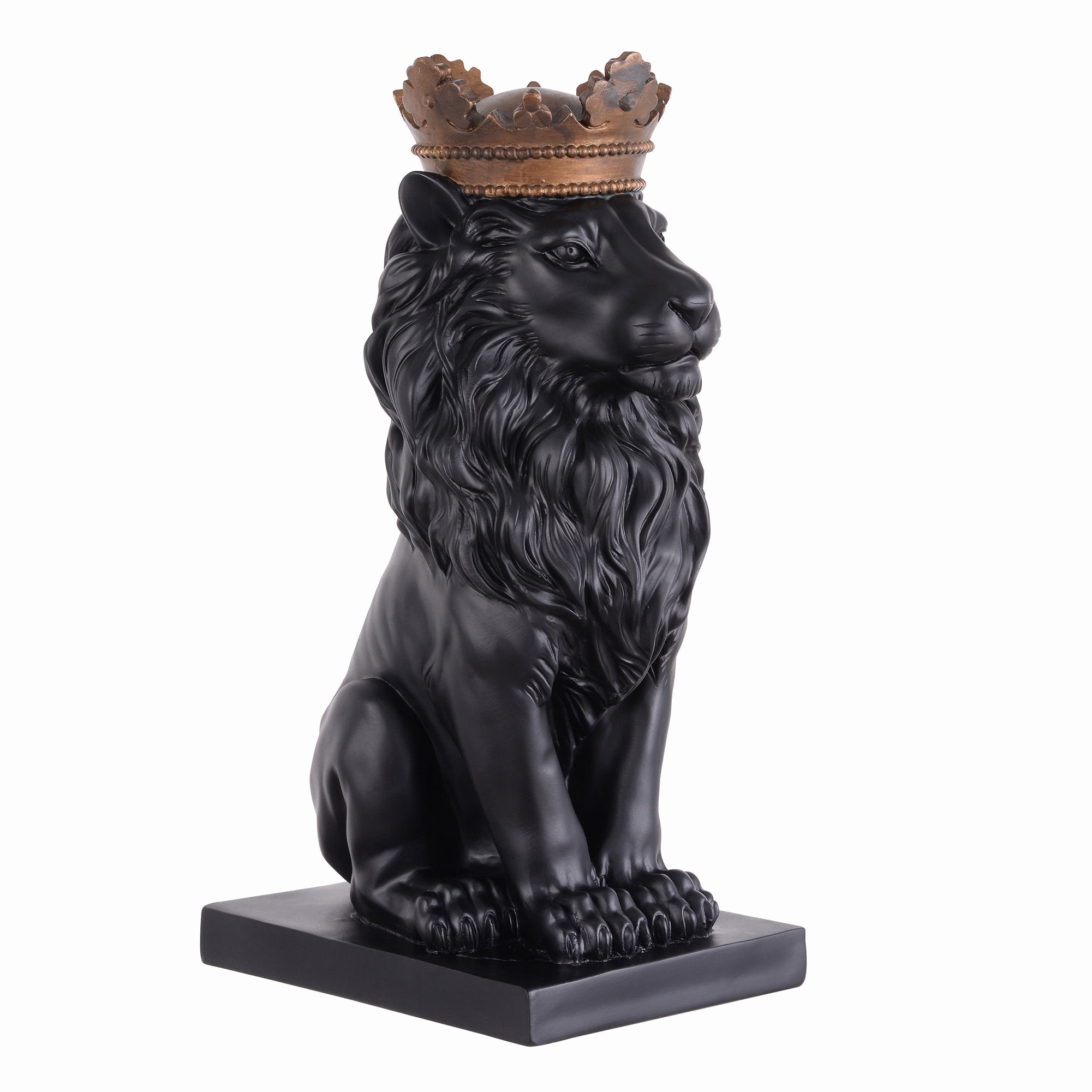 14.5" H Black Sitting Lion W/ Gold Crown Resin Statue Statue Home Decor Living Room Display