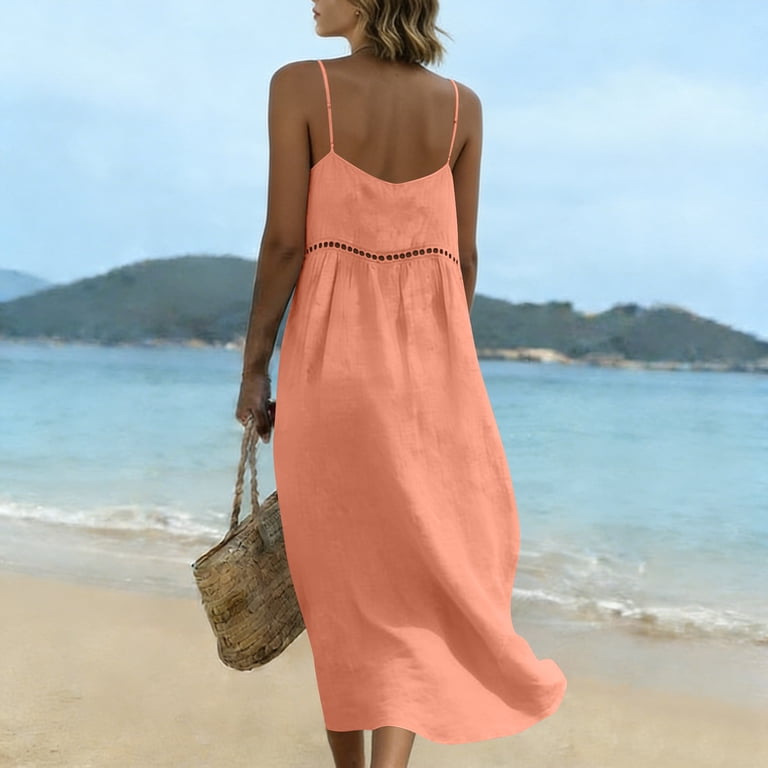 thin flowy dress Rvasteizo Maxi Dress Solid Linen Thin Sling V Neck Lace Loose Summer Beach  Resort Vacation Wear