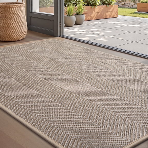 FEELHOME Door Mats for Inside 17"x30" Non Slip Rubber Welcome Mat for Inside Low-Profile Dirt Trapper Indoor Door Mats for Entryway Absorbent Washable Entry Rug Floor Mats Modern Herringbone Beige