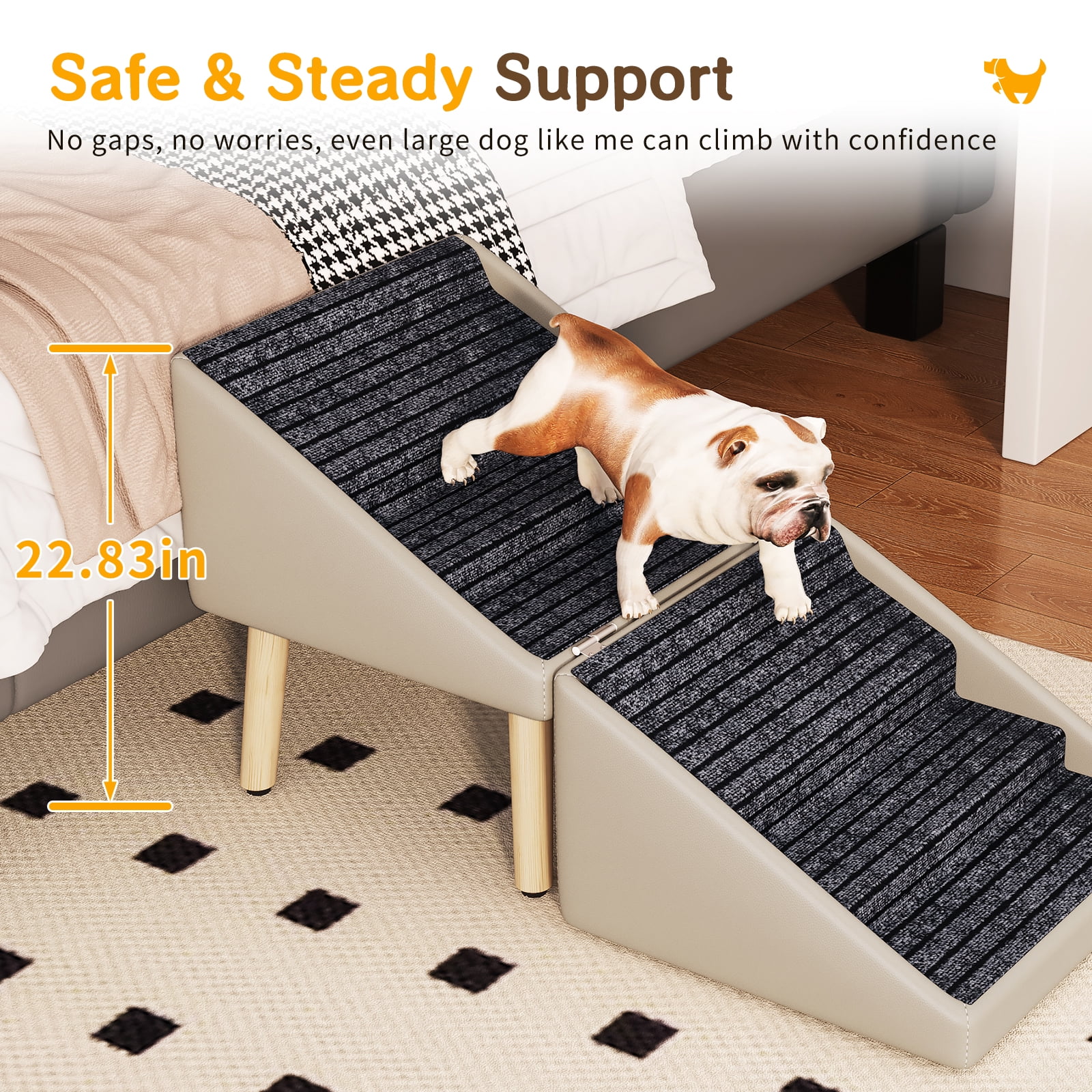 Dog Ramp for Bed & Couch, Dog Stairs 22.83 inches High for Large/Medium/Small Doggie, Foldable 2 in 1 Wooden Pet Steps for Older and Injured Dogs, Split Ottoman Design, Non-Slip Surface (Light Grey)