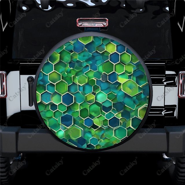 Abstract Green Hexagon Polyester Universal Spare Wheel Tire Cover Custom Tire-Covers for Trailer RV SUV Truck Camper