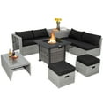 thumbnail image 1 of Patiojoy 9 Pieces Outdoor Patio Furniture Set with 32-Inch Propane Fire Pit Table Outdoor PE Wicker Space-Saving Sectional Sofa Set with Storage Box and Cushions Black, 1 of 9