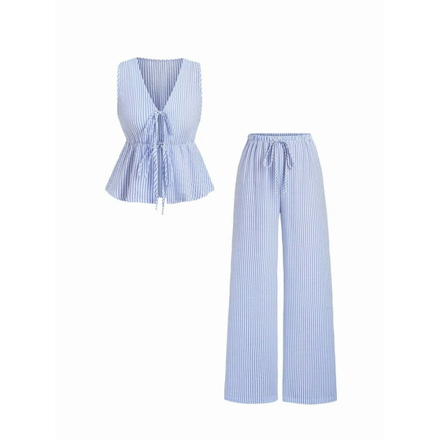 Conjunto de Dos Piezas de Verano para Mujer, con Estampado de Rayas, Sin Mangas, con Cordones, Camiseta Sin Mangas y Pantalones para Playa Azul L