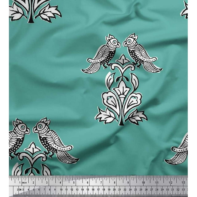 Soimoi Rayon Fabric Leaves,Bird & Floral Block Decor Fabric Printed Yard 56 Inch Wide