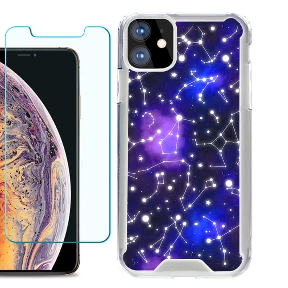 For Apple iPhone 11 Case, Hybrid Bumper Phone Case, with Tempered Glass Screen Protector, by OneToughShield ® - Constellations