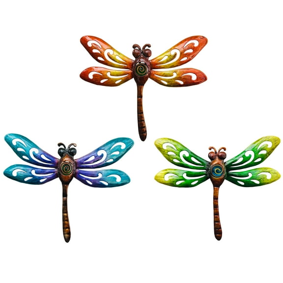 J-fly 9 Inch Colorful Metal Dragonfly Wall Decor Outdoor Garden Fence Art,Hanging Decorations for Living Room, Bedroom, 3 Pack