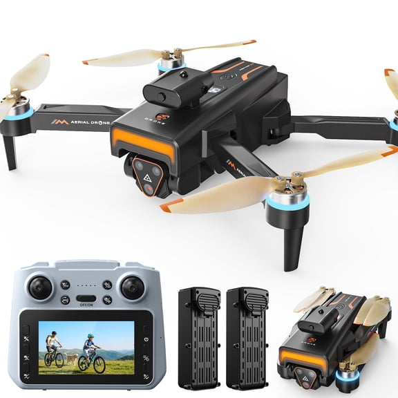 Wefone M4 Foldable Drone with Screen on Controller, HD Camera, Obstacle Avoidance, Optical Flow, Brushless Motor, Under 249g, 2 Batteries, Black