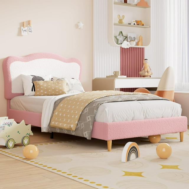 Yeshouse cama doble infantil de terciopelo, cabecera scalloped de dos tonos, sin resorte de caja, listones de madera, resistente y libre de ruido, ideal para niñas y niños