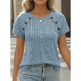 thumbnail image 4 of Womens Tops Knitted Short Sleeve T-Shirt Crew Neck Ribbed Tee Dressy Work Tunic Tops (Light Blue L), 4 of 7