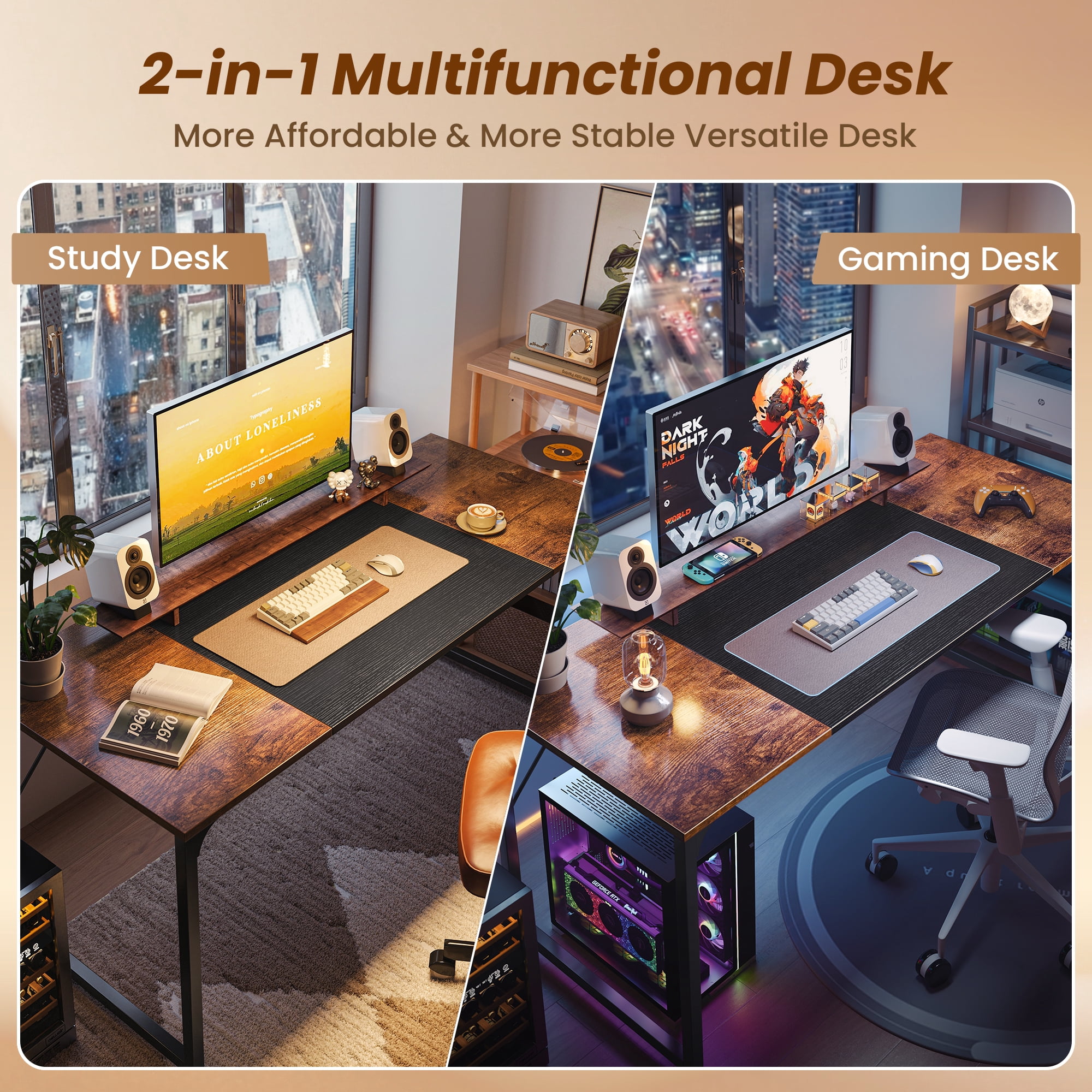 63" Computer Desk, Modern Office, Study & Gaming Desk with Storage, Large Legroom, Sturdy Metal Frame