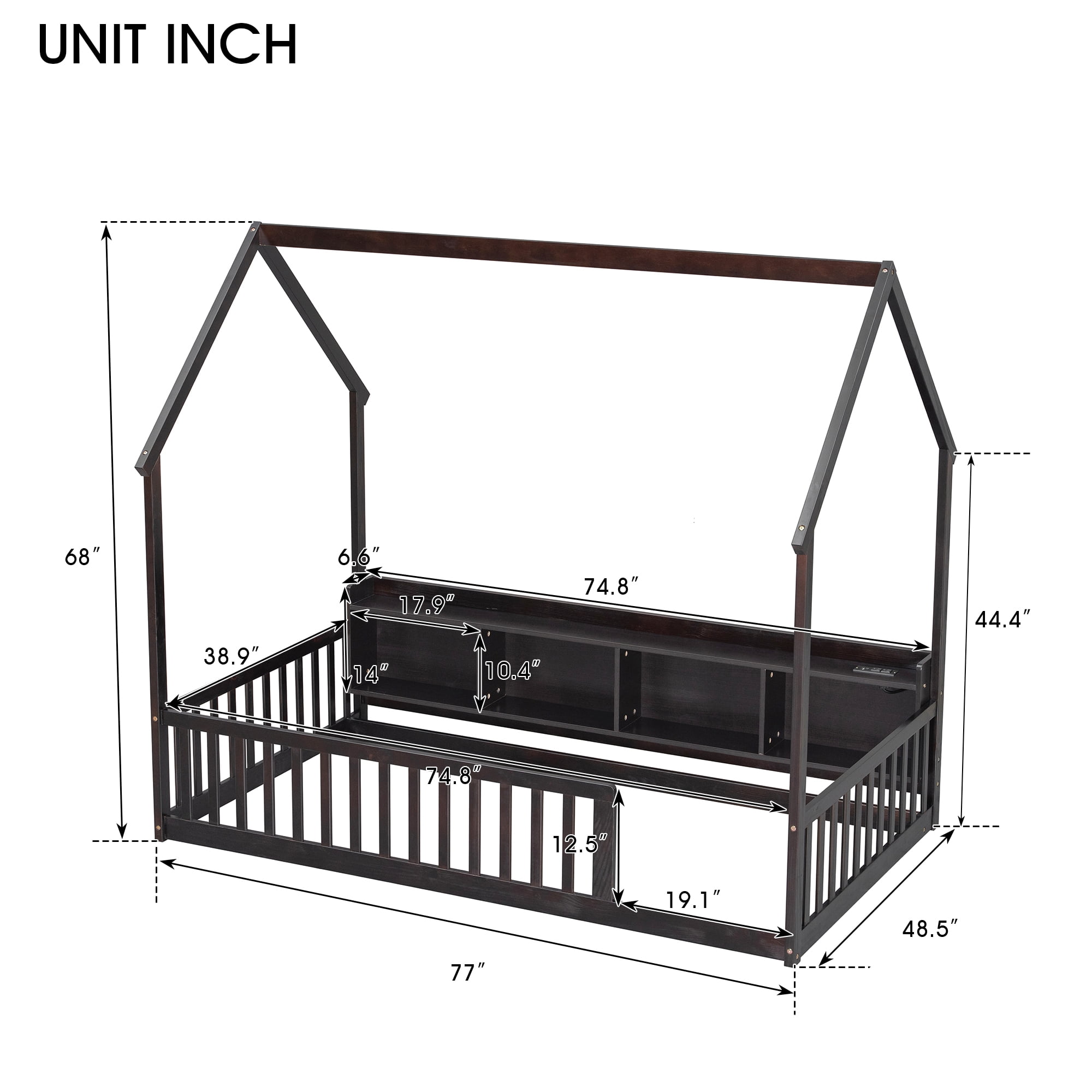 Floor Bed with House Design and Storage Shelves, Twin Pine Wood Platform Bed and Charging Station Bed Frame with LED Lights and Guardrails, Espresso