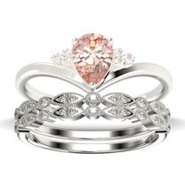 Gorgeous Minimalist 2.25 Carat Pear Cut Morganite And Diamond Moissanite Unique Engagement Ring, Affordable Wedding Ring, Two Matching Band in 10k Solid White Gold Gift For Her Love, Trio Ring Set