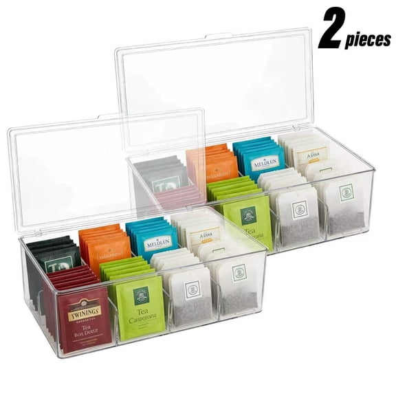 Acrylic Tea Bag Organizer with Lid, 8 Compartment Tea Holder for Coffee and Sugar, Tea Organizers and Storage for Kitchen Countertops Drawers Fridge