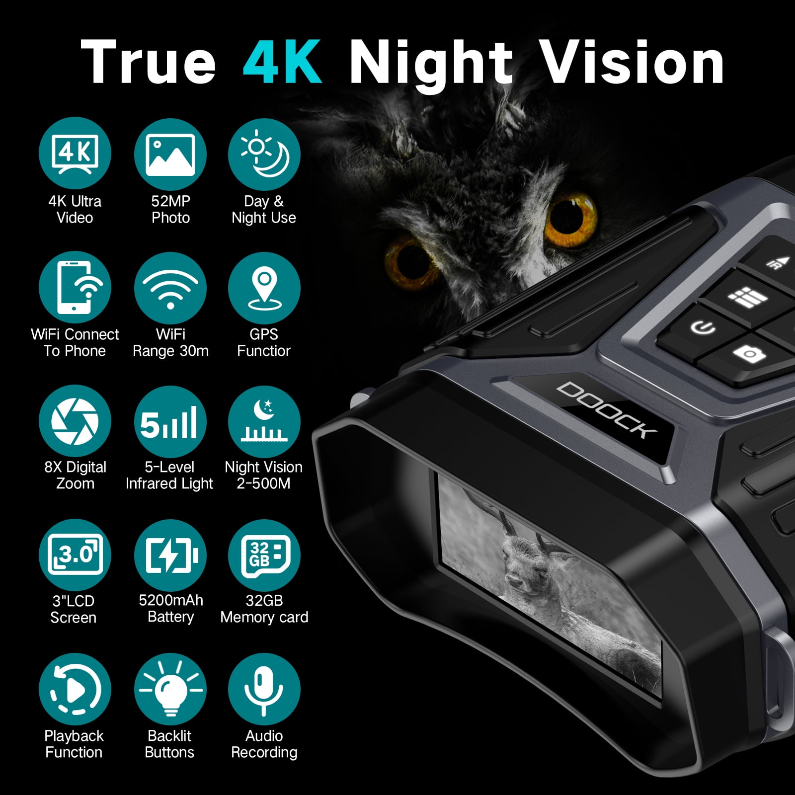 Night Vision Goggles - 4K Infrared Digital Binoculars with Full Color in Low Light, 32GB Memory Card, 5200mAh Rechargeable Battery, WiFi Connect & GPS Function for Hunting, Camping, and Fishing