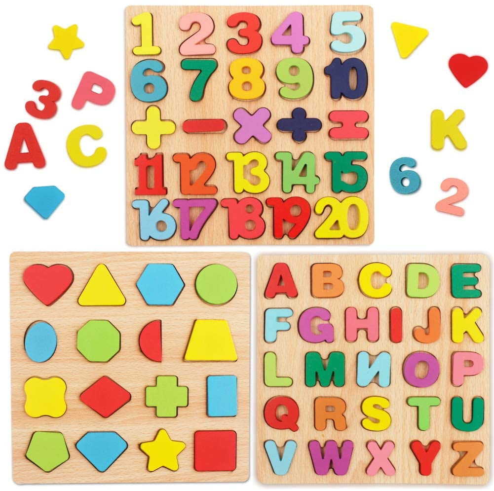 Wooden ABC Alphabet 123 Numbers Jigsaw Puzzle Educational Learning Dog 