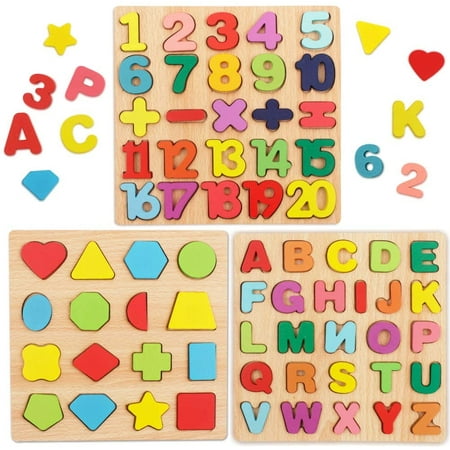Wooden Puzzles for Toddlers, Wooden ABC Alphabet Number Shape Puzzles  Toddler Learning Puzzle Toys for Kids 1-6 Years Old Boys & Girls, 3 in 1