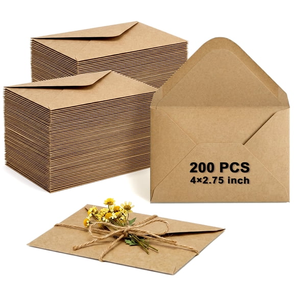 Mini Kraft Envelopes 200 Pack with Twine, 4 x 2.75 Inch Small Brown Kraft Paper Gift Card Envelopes, Rustic V Flap Mini Envelopes for Cash, Jewelry, Business Cards, Wedding Favors