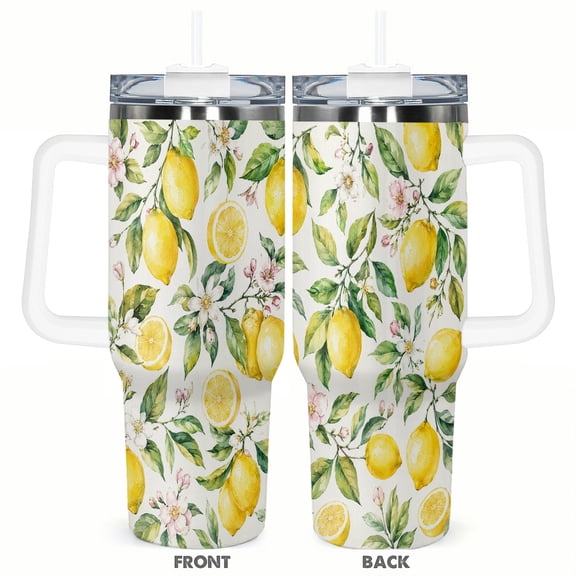 40oz Lemon Citrus Floral Travel Tumbler Insulated Car Cup with Handle Straw Stainless Steel Large Capacity Coffee Cup Summer Fruit Gift
