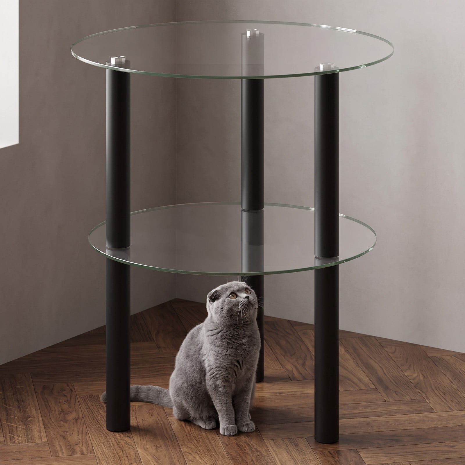 Furnibear 2-Tier Round End Table with Clear Tempered Glass Top and Storage Shelf, Rubber Wood Legs Side Sofa Nightstand for Living Room Bedroom, Black