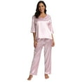 thumbnail image 2 of Womens Silky Satin Pajamas Set 3/4 Sleeve T-Shirt with Long Pajama Pants Loose Fit Sleepwear Soft Loungwear Pj Set, Pink S-2XL, 2 of 6