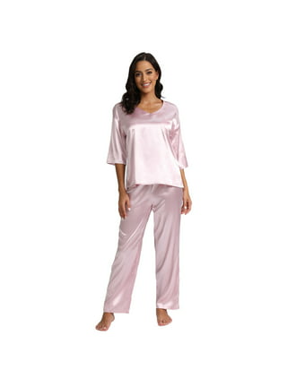 Mrulic Sleepwear Loungewear Solid Matching Pajamas Nightwear Family Pants PJ's Satin for Women Set Silk Pink + XL, Women's