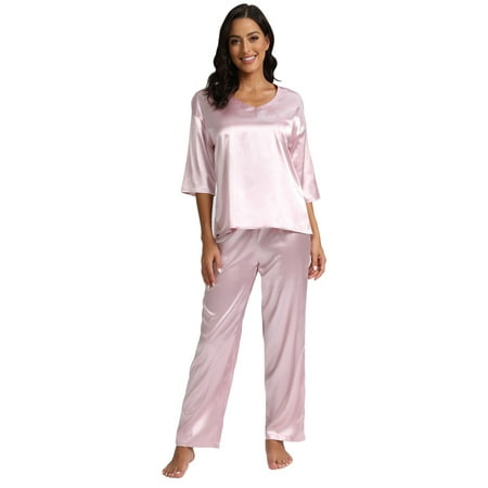 

Women s Satin Silky Pajama Set Short Sleeve T-shirt with Long Pajama Pant Set Soft PJ Loungewear