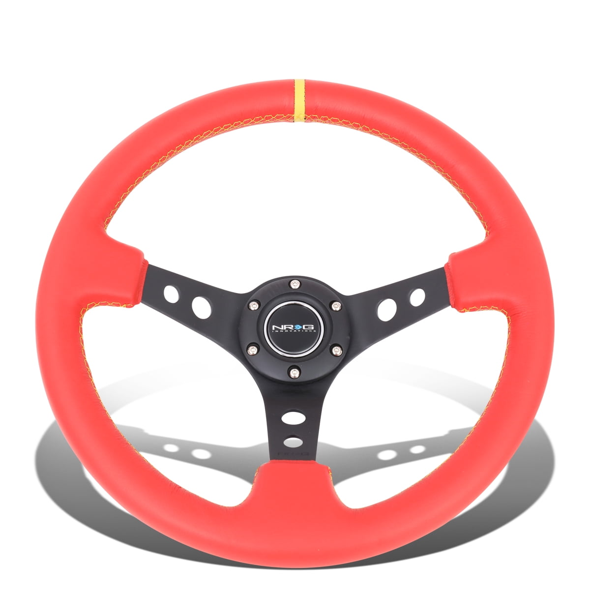 NRG 350mm Sport Leather Steering Wheel 2/" Deep White w//Yellow Mark /& 3 Spoke Ctr