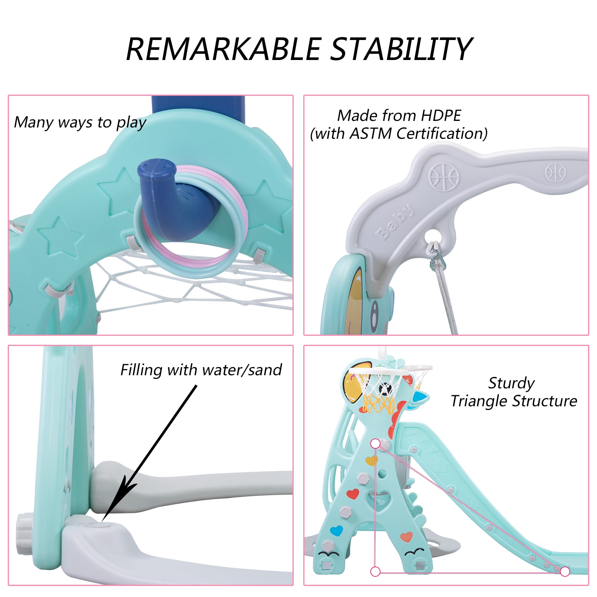 Tobbi TOYS 5 In 1 Toddler Slide and Swing Playset Baby's Activity Center With Basketball & Rim, Football & Goalmouth