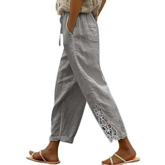 Gray Linen Pants Women's Fashion Solid Color Cotton Linen Elastic Trousers Beach Casual Pants Line