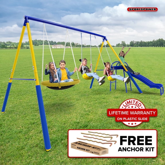 Sportspower Super Saucer Metal Swing Set with 2 Swings, 2-Person Saucer Swing, & 5FT Slide, Outdoor Backyard Fun for Kids Aged 3-8, BONUS Anchor Kit