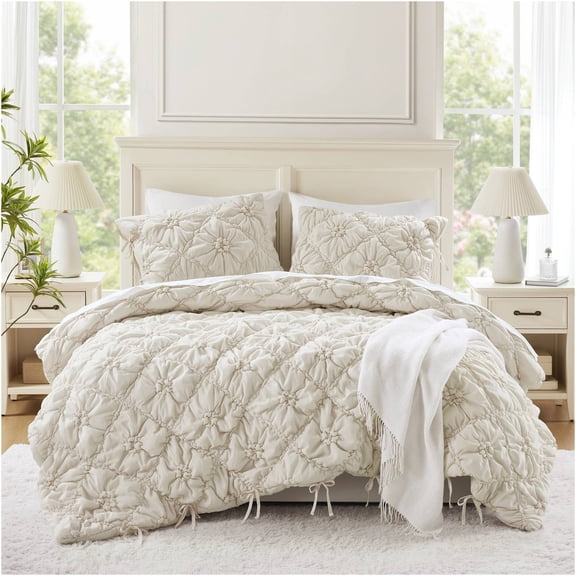 JERFIT Floral Puffy Comforter Set Queen Full, 3 Piece Ivory Microfiber Bedding Set with Shams, Shabby Chic All Season Duvet Insert