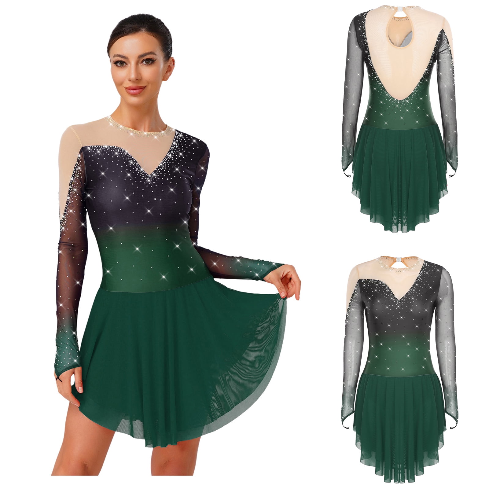 iiniim Womens Glittery Figure Skating Gradient Dress Gymnastics Active Costume Green L