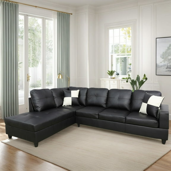 Hommoo 4 Seat Living Room Furniture Sets, Faux Leather Sectional Sofa, Modern L-Shaped Couches and Sofas Set for Home, Black(No Ottomans)