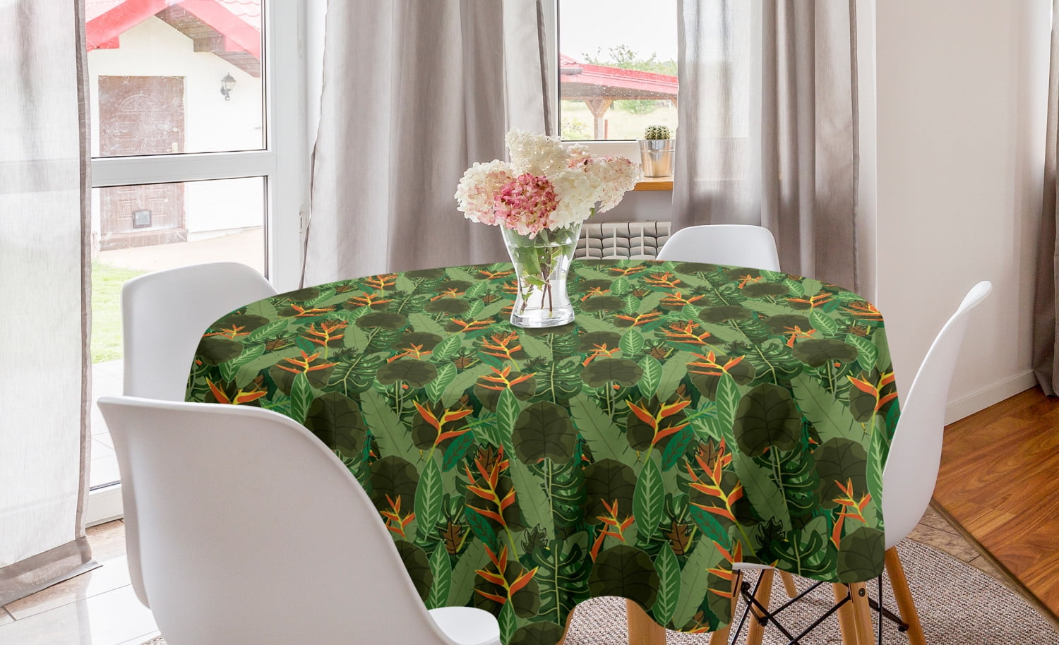 Botanical Round Tablecloth, Print of Tropical Green Leaves in Jungle Exotic Forest and Foliage