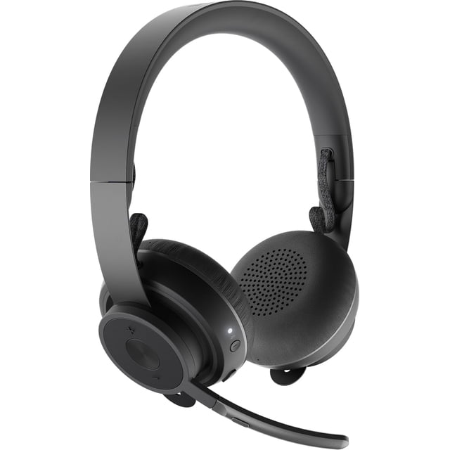 auriculares logitech zone wireless plus - uc con cancelación de ruido audífonos on-ear negros con diadema acolchada y almohadillas de piel sintética; copa derecha con rueda de volumen y botón, copa izquierda con rejilla perforada, micrófono abatible y conectividad Bluetooth para llamadas y música en oficina.