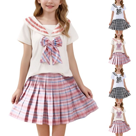 Agkizg 2PC School Casual Outfit Bow Short Sleeve Top Elastic Waist Plaid Pleated Skirt Set Preppy Outfits (Girl's or Girl's Plus),2-Piece Set,Sizes 2-11 Years