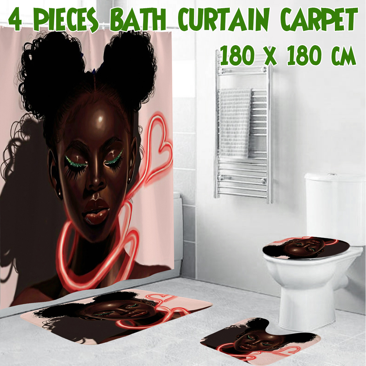 1//3//4Pcs African Girl Shower Curtain With Bath Mats Rugs Toilet Cover Mat Set